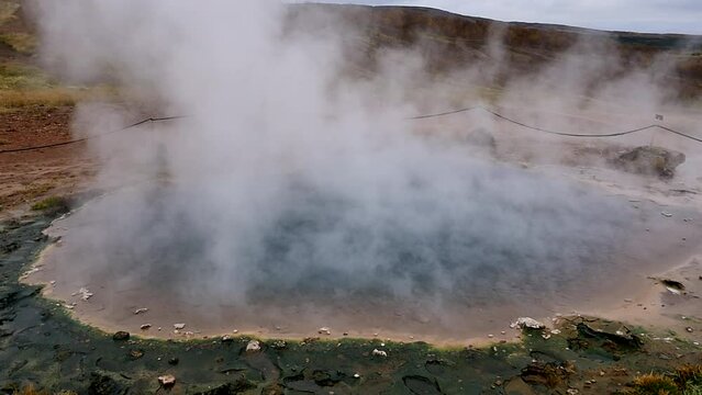 slow motion. Namafjall Hverir geothermal area in Iceland. geothermal iceland geyser.