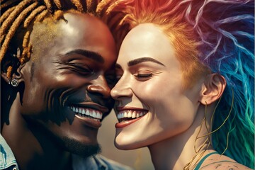 Young aged black and white couple deep in love and laughing. Have a romantic time. Beautiful sunlight. Generative AI