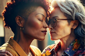 Middle aged white and black lesbian couple deep in love and intimate moment. Have a romantic time. Beautiful sunlight. Generative AI
