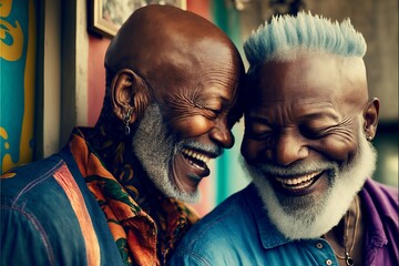 Old aged black gay couple deep in love and laughing. Have a romantic time. Beautiful sunlight. 