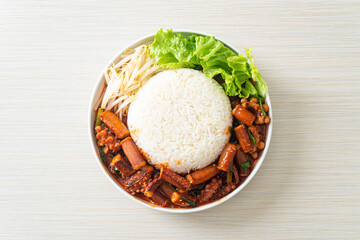 Stir-fried squid or octopus with Korean spicy sauce rice bowl