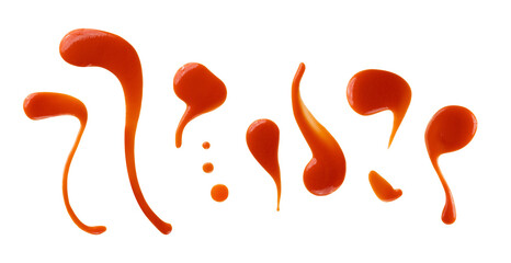Set of red drops and splashes of ketchup or sauce isolated on white background. With clipping path....