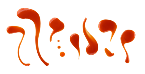 Set of red drops and splashes of ketchup or sauce isolated on white background. With clipping path. Full depth of field. Focus stacking