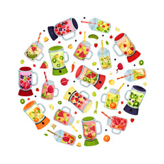 Healthy Cocktails Round Composition with Glassware and Blender Vector Template