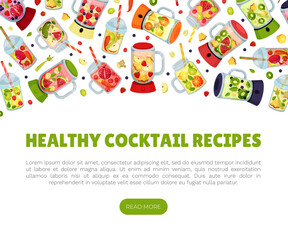 Healthy Cocktails Banner Design with Glassware and Blender Vector Template