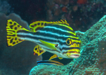 Close-up of a Oriental sweetlips, Indian Ocean oriental sweetlips or  oriental blubberlips over coral-reef 