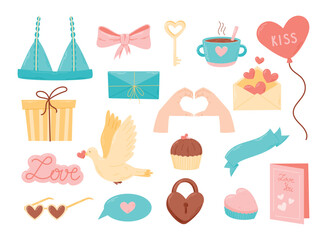 Set of cute cartoon isolated illustrations for valentine day. Design elements on the theme of love, hearts.