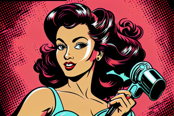 Sexy Pin-up Frau mit Lockenwickler. Bunter Hintergrund in Pop-Art Retro-Comic-Stil - Generative Ai
