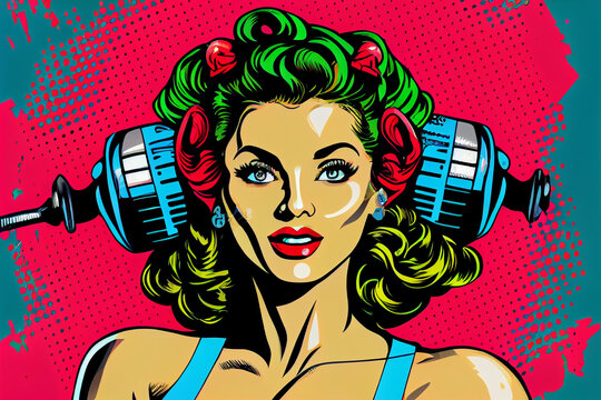 Sexy Pin-up Frau mit Lockenwickler. Bunter Hintergrund in Pop-Art Retro-Comic-Stil - Generative Ai
