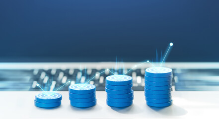 Stack blue coin with digital graphic increase profit investment and financial.