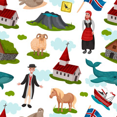 Iceland Travel Seamless Pattern with Country Symbols Vector Template