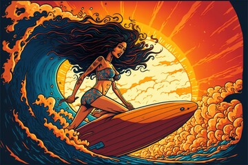 Awesome girl surfer with long and curly hair on the wave with surfboard, bright colors. Surfering colorful concept. Generative AI - obrazy, fototapety, plakaty