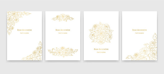 薔薇の花の装飾デザイン, カードのテンプレートセット, 白背景に金色のイラスト. 結婚式, バレンタイン, 記念日, お祝いのコンセプト.