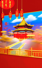 Fototapeta premium Red Chinese royal scene background created by generative AI, AI generated