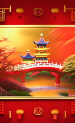 Fototapeta premium Red Chinese royal scene background created by generative AI, AI generated