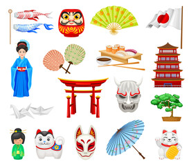 Japanese Objects and Symbols with Torii Gate, Origami Bird, Flag, Cat, Fan and Pagoda Big Vector Set