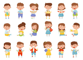 Creative Boy and Girl Making Paper Applique as Handcrafted Item Big Vector Set