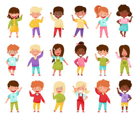 Smiling Boy and Girl Characters Greeting Waving Hand and Saying Hi Big Vector Set