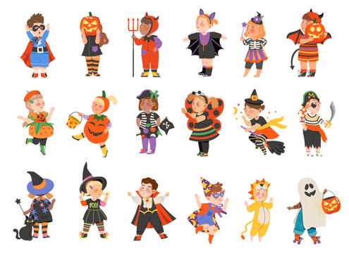 Kids in Halloween Costumes Celebrating Holiday Party Big Vector Set