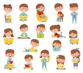 Kids Reading Books and Enjoying Literature Big Vector Set