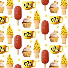 Vector seamless pattern with yellow cupcakes and ice cream