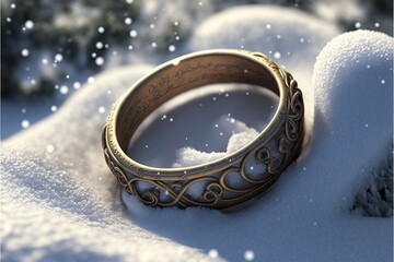 Obraz na płótnie Canvas Beautiful engagement brocaded rings on the cool snow. Generative AI
