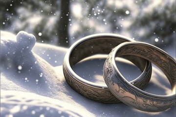 Obraz na płótnie Canvas Beautiful engagement brocaded rings on the cool snow. Generative AI