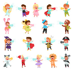 Kid Characters Wearing Fancy Dress or Costume Talking Megaphone or Loudspeaker Big Vector Set