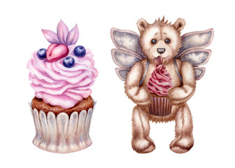 Watercolor hand drawn teddy bear - an angel with pink cupcake for Valentine's Day, birthday, wedding. Elements isolated on white background

