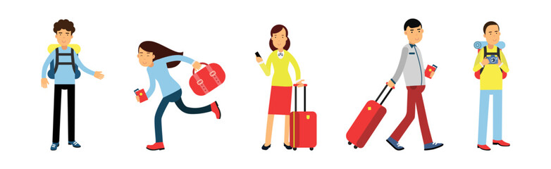 People Characters Travel with Luggage and Suitcases Vector Set