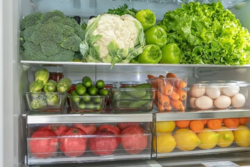 dieting concept. fridge full of fresh fruits and vegetables, healthy food background, organic nutrition, health care, 