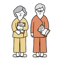 人間ドック・検査を受ける男女のイラスト素材のセット イエロー
