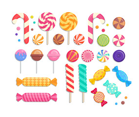 Sweet Candies Vector Set. Collection of Sweets, Candies, Lollipops, Gumballs, Sugar Caramel, and Twisted Marshmallows. 