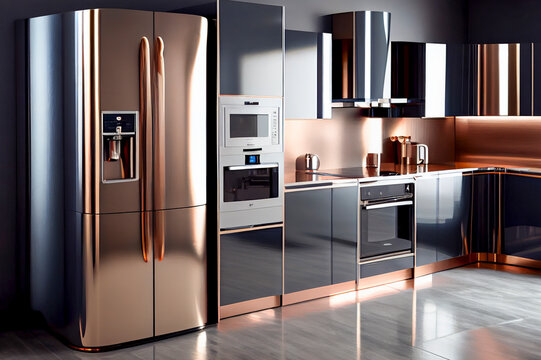 A sleek, modern kitchen with high-tech appliances and metallic finishes, ai illustration