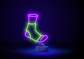 Glowing neon line Baseball sock icon isolated on brick wall background.