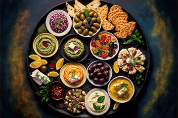  a plate of various types of mezze or tapas, with different dips, spreads, and small plates of appetizers. Professional food photography, fresh color background, created  whit  Generative AI - obrazy, fototapety, plakaty