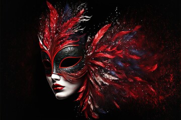 Amazing red female mask with long feathers on a black background. Generative AI