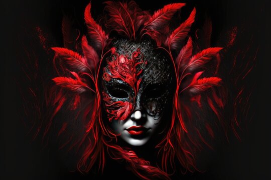 Amazing red female mask with long feathers on a black background. Generative AI - Powered by Adobe