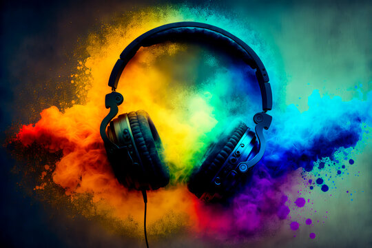 Black headphones on abstract multi color paint explosion background. Generative AI music concept on colorfull fume background. Music streaming or DJ party concept.