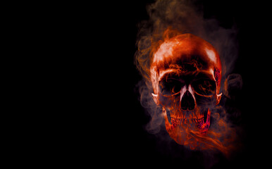 Human skull surrounded red smoke on black background, Generative AI. Harm of smoking, Halloween party or horror background, card or banner.
