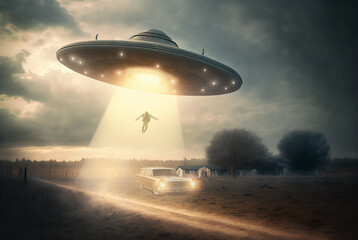 Fototapeta na wymiar UFO abducting someone AI generative