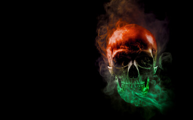 Human skull surrounded green and red smoke on black background, Generative AI. Harm of smoking, Halloween party or horror background, card or banner.