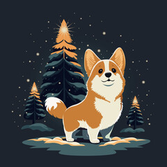 Cute corgi dog in the winter forest. Christmas trees and snow. Vector flat illustration.