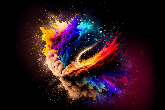 Abstract Multi Color Paint Explosion On Black Background. Paint Clouds On Black Background Illustration. Colorful Smoke Texture. Generative AI Colorfull Fume In Water Illustration.