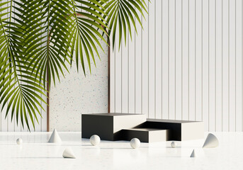 Mockup podium for product presentation and light beam 3D render illustration background.