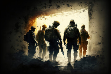Generative AI illustration concept image of soldiers in war zone ruins
