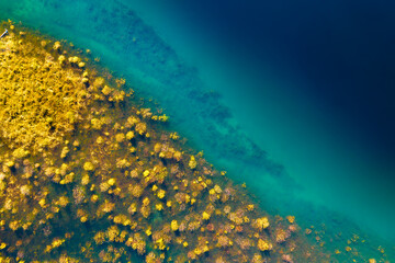 A drone view of the river . An aerial view of an autumn field. Pond among the meadows. Turquoise...