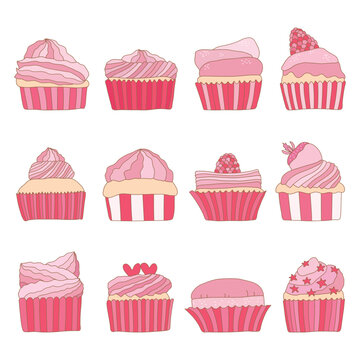 Hand drawn sweet cupcake collection in pink and red tone for Valentine's Day concept. Vector illustration on white background