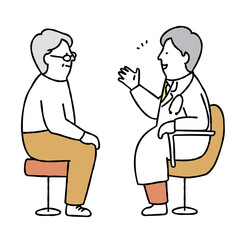 診察を受ける中年男性と医者のイラスト素材　イエロー