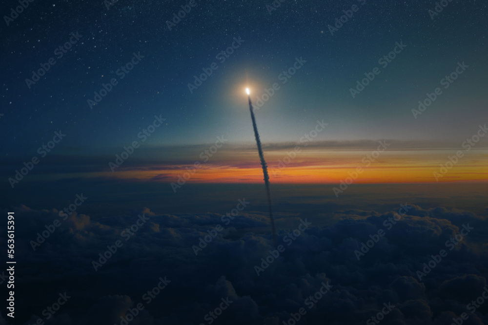 Poster space rocket shuttle with blast and smoke flies through clouds into starry space at sunset. spacecra